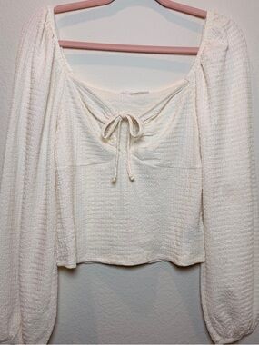 Spring + Mercer Cream Textured Peasant Blouse Tie Front Long Sleeve Top Size M